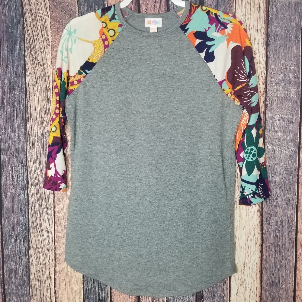 LuLaRoe Randy Floral Sleeve Gray Body Baseball T